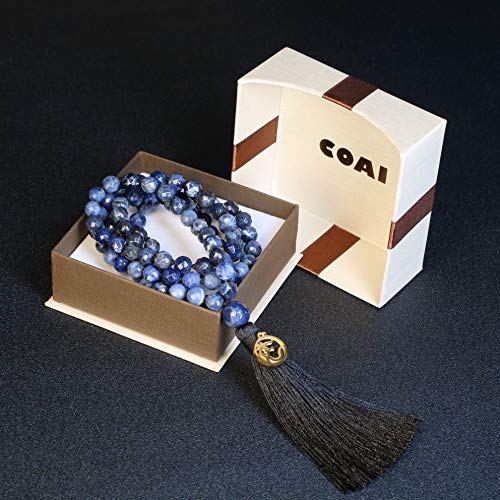 COAI OM Charm Hand Knotted Tassel 108 Mala Beads Necklace - color: Faceted Sodalite, size: 8mm