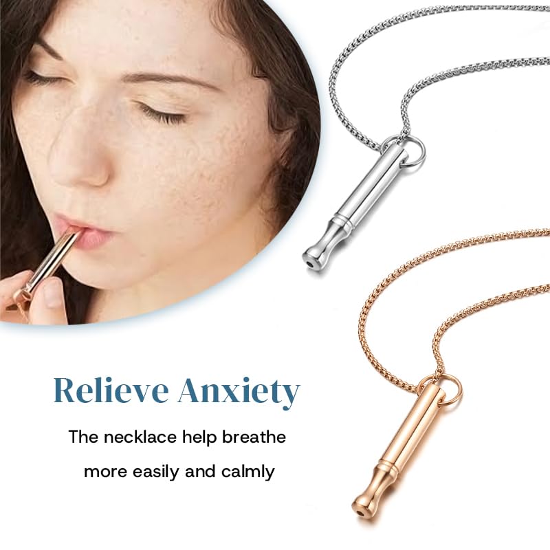 Mindfulness Breathing Necklace Stress Relief Pendant Stainless Steel Anxiety Breathe Necklace for Women Men - color: Steel+Rose Gold