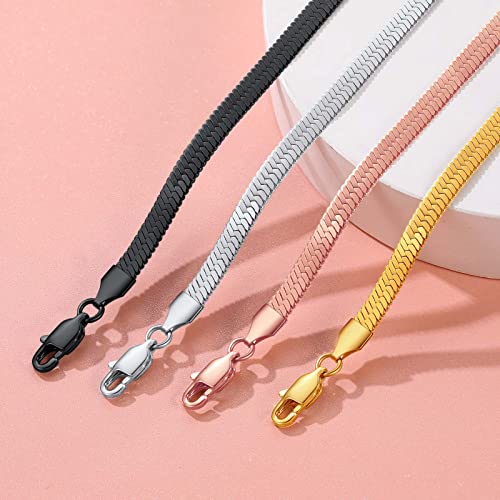 FindChic Elegant Herringbone Snake Chain Anklets/Bracelets 3MM/5MM Width Stainless Steel/18K Gold/Rose Gold Plated/Black 4 Color Options, 8.3'' 8.5'' 10.5'' Length, with Gift Box - color: A: 5mm 8.5'' anklet (Stainless Steel)