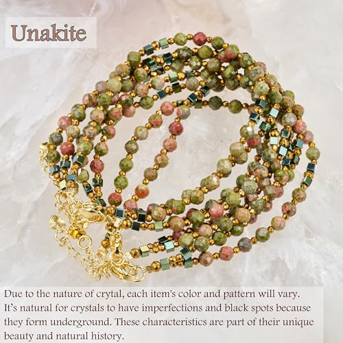Farfume Beaded Bracelets for Women, Chakra Crystal 4mm Beads Gemstone Natural Stone Bead Spiritual Jewelry Gifts for Women - color: Mottled Green and Pink Unakite-Balance