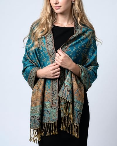 Achillea Reversible Paisley Pashmina Rave Scarf – Exotic Indian Shawls and Wraps for Evening Dresses, Festivals, All Seasons - color: Teal