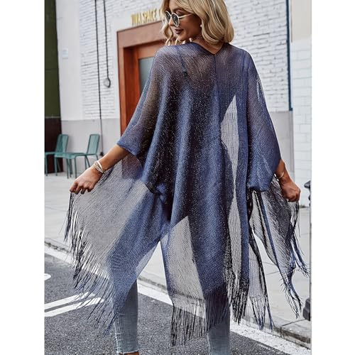 Sparkle Metallic Evening Shawls for Women formal Party Dresses Beach Travel Cardigan Shawl Wrap for Swimsuit - color: L-navy Blue
