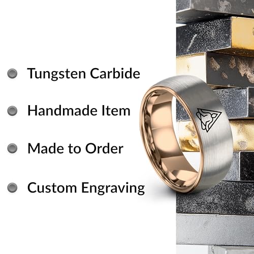 Gift for Yoga Fan - Yoga Meditation Ring - Flat Dome Bevel - Band - Men Women - Brushed Polished - Tungsten - Personalized Custom Engraving - 8mm - Anniversary Wedding - Yellow Rose Gold Silver - color: 03 - Rose Gold Grey Tungsten