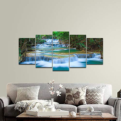 Wieco Art Peaceful Waterfall Canvas Prints Wall Art Green Trees Pictures Paintings for Living Room Bedroom Home Decorations Modern 5 Piece Stretched and Framed Forest Landscape Giclee Artwork - size: 10x16inchx2pcs,10x20inchx2pcs,10x24inchx1pc