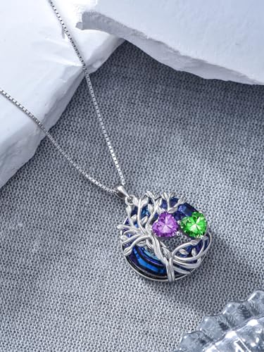 TOUPOP s925 Sterling Silver Family Celtic Tree of Life Pendant Necklaces with 2 Heart Birthstone with Blue Austrian Crystal Jewelry Birthday Valentines Day Gifts for Her, Anniversary Christmas Gifts for Wife Girlfriend Mom (18K Real White Gold Filled) - c