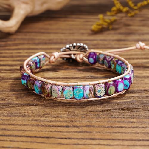 Women Boho Handmade Natural Stone Crystal Leather Bead Wrap Bracelets Collection - style: Purple Blue Jasper 1W