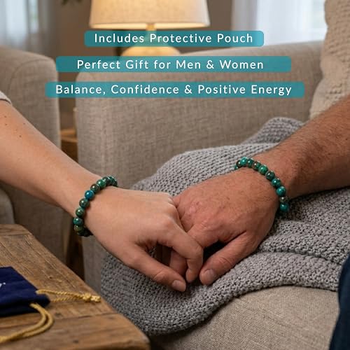 Cherry Tree Collection Tigers Eye Bracelets Plus Over 40 Other Stones – Gemstone Beads for Men & Women, Promotes Protection, Courage, Focus, Balance & Luck – Available in S, M, L with 8mm Round Beads - color: Chrysocolla, size: Small