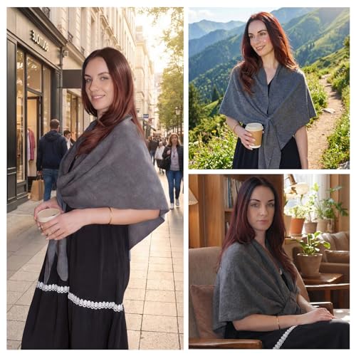 Cashmere Blend Shawl Wraps for Women,Cashmere Poncho Pashmina for Women Travel Scarf for All-Season with Gift Box - color: Grey