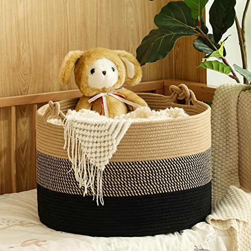 KAKAMAY Large Blanket Basket (20"x13"),Woven Rope Baskets for storage Baby Laundry Hamper, Cotton Rope Blanket Basket for Living Room, Laundry, Nursery, Pillows,Baby Toy chest (Jute/Black) - color: Black