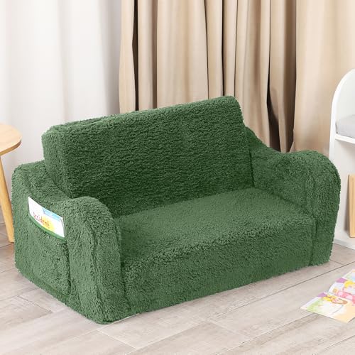 MOMCAYWEX Kids Sofa, 2-in-1 Flip-Out Foam Couch, Soft Play Lounge Chair for Toddlers and Children, Extra Wide, Green - color: Green, size: Large