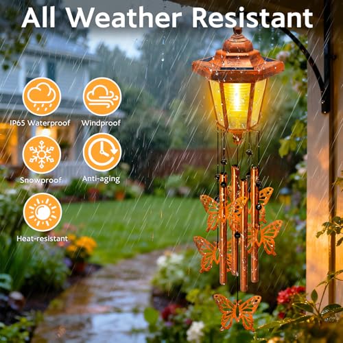 Large Solar Butterfly Wind Chimes, Gift for Women Mom Grandma Wife Sister Daughter Neighbor, Classic Bronze Wind Chimes With Wind Catcher, Solar Decor Lights For Outdoor Garden Patio Yard Porch Window