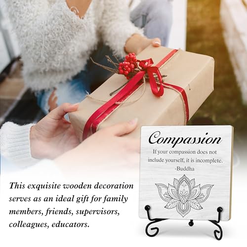 Buddha Compassion Quote Desk Decor, Funny Office Inspirational Gifts for Family Friends, Meditation Room Tabletop Decor, Zen Home Office Wooden Plaque Sign with Stand (J01) - style: Compassion