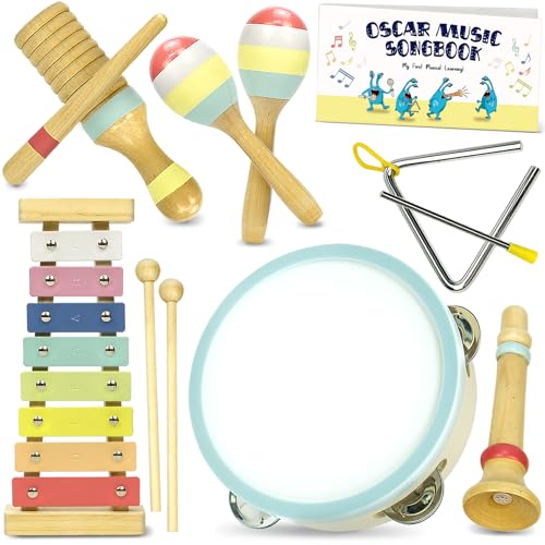 Musical Instruments Set - Montessori Wooden Toys for Toddlers 1-3 | Modern Boho Baby Xylophone with Songbook | Neutral Colors Percussion Instruments | Kids Preschool Educational - style: Xylophone