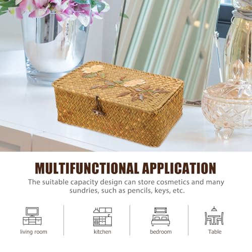 Woven Storage Box with Embroidery Pattern, Rectangular Medium-sized Sundries Organizer, Portable Straw Jewelry and Desktop Storage Case with Lid for Home and Office