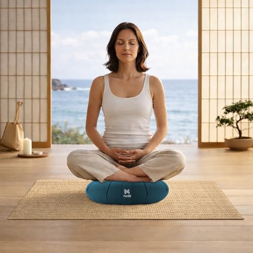 Zafu Meditation Cushion, 15" Round Buckwheat Yoga Pillow with Organic Cotton Cover - Teal