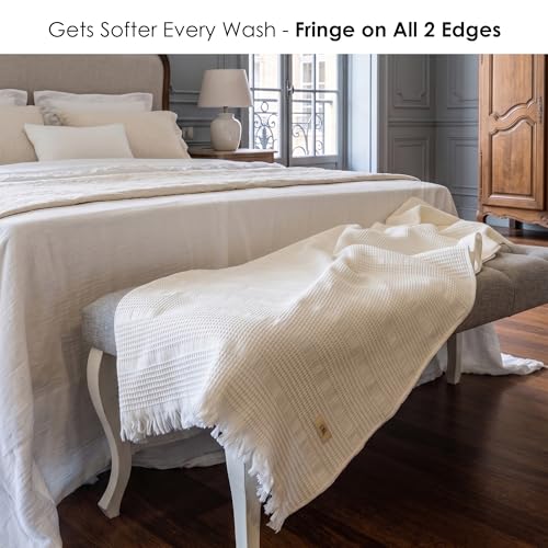 Mira Waffle Throw Blanket with Tassels - 50x66 Inch - 100% Turkish Cotton Tencel Breathable Blend Lightweight Blanket for Couch, Sofa, Bed - color: Cream