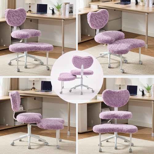 Meditation Chair with Wheels, Ergonomic Criss Cross Chair, Adjustable ADHD Floor Sitting Chair, Swivel Cross Legged Office Chair with High Back, Kneeling Posture Chair, Plush Faux Fur Fabric(Violet) - color: (plush Faux Fur Fabric)violet