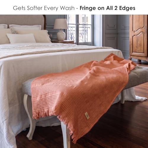 Mira Waffle Throw Blanket with Tassels - 50x66 Inch - 100% Turkish Cotton Tencel Breathable Blend Lightweight Blanket for Couch, Sofa, Bed - color: Salmon