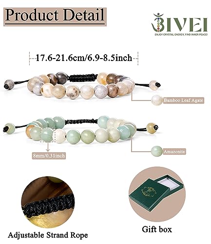 Bivei Natural Gemstone Semi Precious Crystals Handmade Stretchy Round Beads Bracelet, Enhance Positive Energy(Adjustable Bamboo Leaf Agate & Amazonite(Good Luck) Adjustable(6.9-8.5'))