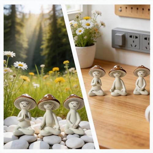 Ceramic Mushroom Yoga Figurines Set, Meditation Decor for Home, 3-Piece Mushroom Figurines in Yoga Poses, Whimsical Zen Decor for Shelf, Desk, Yoga Room