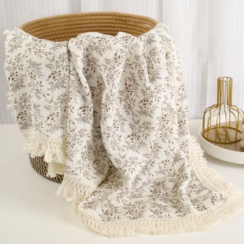 vctops Muslin Baby Blanket with Tassels 100% Cotton Leaf Print Swaddle Blankets 39"x47" Lightweight Soft Breathable Gauze Blanket for Sleeping (Leaf B,39"x47") - color: Leaf B, size: Baby(39"x47")