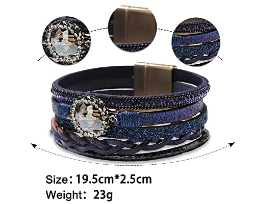 Fesciory Leopard Bracelet for Women, Boho Leather Wrap Multi-Layer Pearl Crystal Bracelet Bangle Jewelry - style: Crystal Leather(Blue)