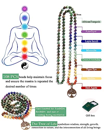 Bivei 7 Chakra 108 Mala Beads Bracelet Real Gemstone Yoga Meditation Hand Knotted Mala Prayer Bead Necklace - size: 6mm, style: Life Tree - African Turquoise
