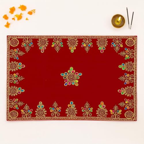 Handcrafted Velvet Puja Chowki Aasan Cloth with Rich Golden Zari Embroidery, Traditional Indian Decorative Pooja Altar Cover for Home Mandir, Temple Décor - 11x18 Inch (Red)
