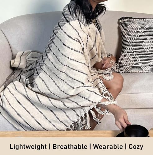 Black and Ivory Oslo Throw with Fringes, 50 x 60 Inch, Perfect Scandinavian Throw Blanket for Couch, Bed, Camping, Beach & Everyday use - color: Ivory-black