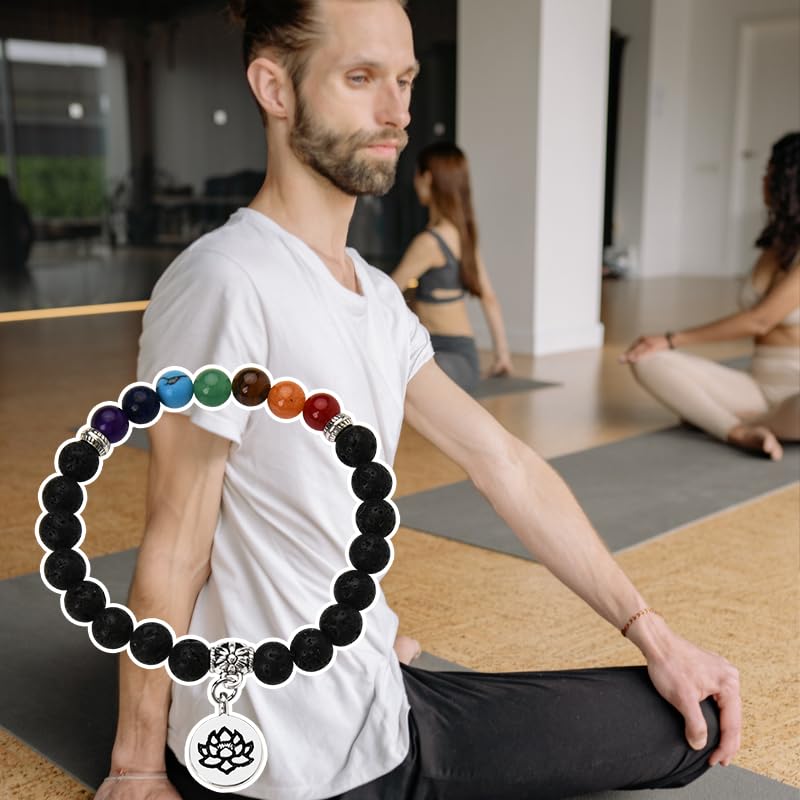 Chakra Bracelets for Women Men 8mm Buddhist Yoga Bead Bracelet with Black Lava Stone Bracelet Elastic Meditation Accessories - color: Color B