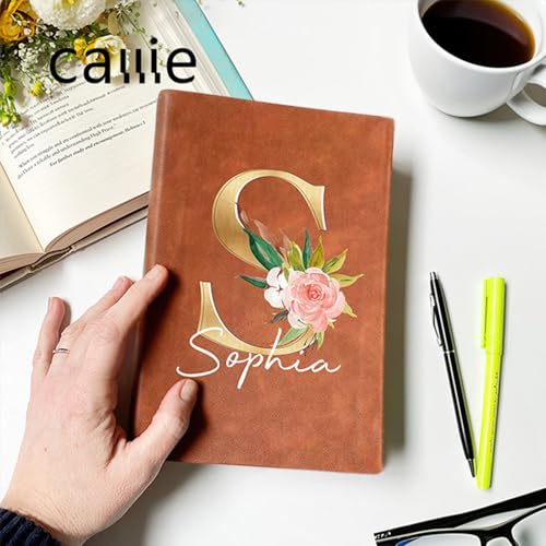 CALLIE Personalized Notebook Lined Journal for Women Men, 100 Pages A5 Hardcover Leather Journal with Floral Initials Design, Customized Notebook Gift for Writing, Work, Travel