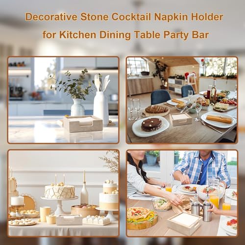 Cocktail Napkin Holder,Travertine Stone Napkin Holders Fit for 5”x5” Cocktail-Sized Napkins,Stone Napkin Holder for Table Kitchen Counter Dining Room Party Bar Decor,Beige - size: 6.3 x 6.3 Inch