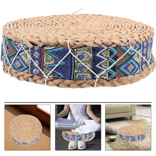 ABOOFAN Meditation Floor Cushion Straw Woven Round Seat Pad 30cm Diameter X 7cm Height Blue Husk Cushion for Yoga, Tatami, Balcony, Indoor Sitting