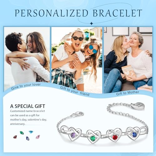 Personalized Birthstone Bracelet for Women Mom Engraved 2-6 Names Mother Bracelet with Birthstones Unique Gift for Mothers Day, Birthday, Christmas - color: 4 Names