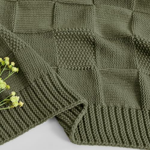 CozeCube Check Knit Throw Blanket, Olive Green Checkered Throw for Couch, Decorative Christmas Soft Cozy Warm Knitted Blanket for Bed Sofa Living Room, 50"X60"