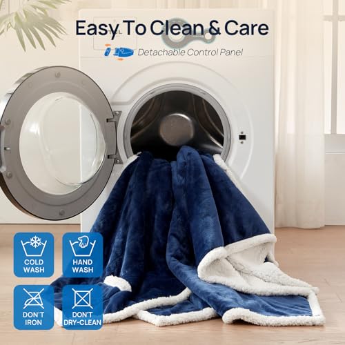 Westinghouse Electric Snuggle Throw Blankets with Foot Pocket, Wearable Heated Blanket with Sleeves, 6 Heating Levels & 2 to 10 Hours Heating Time Settings, 50 * 70"+18", Navy - color: Navy Blue&ivory, size: 70*50" Heated Snuggle Blanket
