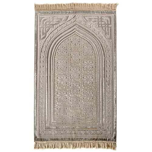 Modefa Luxury Velvet Prayer Rug with Prayer Beads | Soft Elegant Muslim Turkish Janamaz Sajada Carpet for Men and Women | Plain Solid Prayer Mat Ramadan Eid Gift - Najma (Mink) - color: Najma Mink