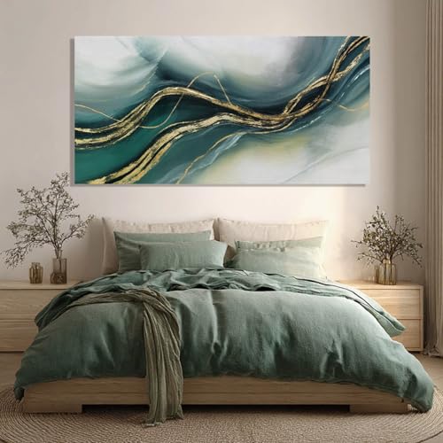 ZENPEE Gold and Green Modern Wall Art, Simple Abstract Canvas Prints, Wall Hangings & Posters for Living Room, Office & Hallway, 29" x 58" - color: Teal & Gold, size: 58"L x 29"W