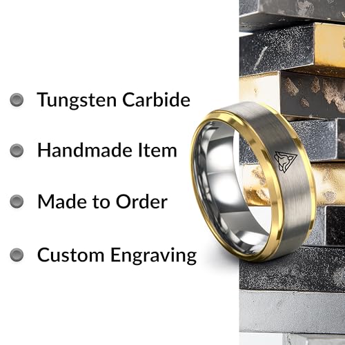Gift for Yoga Fan - Yoga Meditation Ring - Flat Dome Bevel - Band - Men Women - Brushed Polished - Tungsten - Personalized Custom Engraving - 8mm - Anniversary Wedding - Yellow Rose Gold Silver - color: 08 - Yellow Gold Grey Tungsten