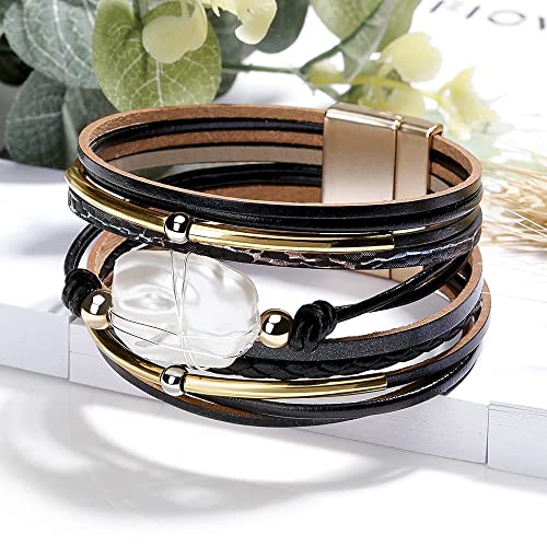 Fesciory Leather Wrap Bracelets for Women, Boho Leopard Multi-Layer Crystal Beads Cuff Bracelet Jewelry - color: Black Leather(Pearl)