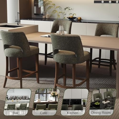 VKNOW Bar Stools Set of 2, 26" Upholstered Counter Height Bar Stools, Modern Counter Stools with Wood Legs for Kitchen Island Dining Room Bar, Green