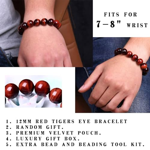 Single-pack of pure gemstone bracelets… - color: 12MM-Red-Tigers-9inch