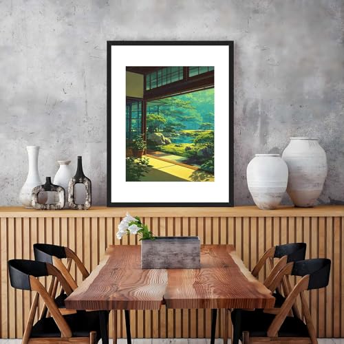 Framed Japanese Zen Garden View Poster Canvas Print Art Minimalist Aesthetic Painting Wall Art Pictures Wall Decor, Elegant Home Decor for Living Room Bedroom Office Decoration Art Print (black frame,12"LX16"W)