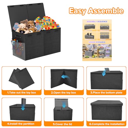 Large Toy Box Chest, Collapsible Sturdy Toy Storage Organizer Boxes Bins Baskets Dinosaur Kids Toy Chest Bin with Lids for Boys Girls Living Room Playroom Bedroom Nursery 25"x14"x16" Black - color: Black-2