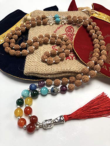 Energized 7 Chakra mala Hand Knotted 108 mala beads necklaces - Japa mala - Buddhist prayer beads - Meditation beads - Healing crystals for men women (Rudraksha 7 Chakra mala)