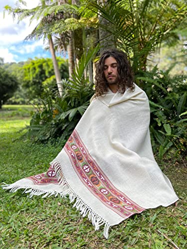 Handmade SATI Shawl Cream Beige Handwoven Wool Meditation Prayer Scarf Blanket Premium Pure Cashmere Winter Tribal Zen Embroidery Handmade AJJAYA