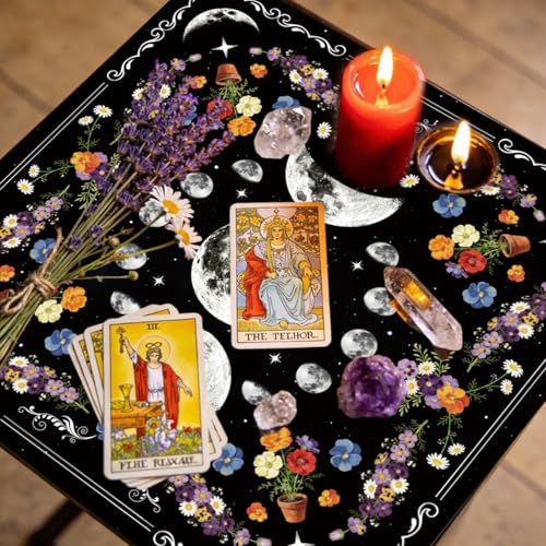 Tarot Altar Cloth Black Tablecloth Flowers and Lunar Phases Print Card Table Tablecloth with Velvet Tarot Card Bag for Reading Rituals Crystals Spiritual Divination Witchcraft Supplies - color: Flowers and Lunar
