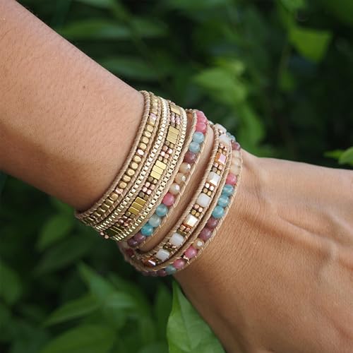 Women Boho Handmade Natural Stone Crystal Leather Bead Wrap Bracelets Collection - style: Boho Stylish 5W