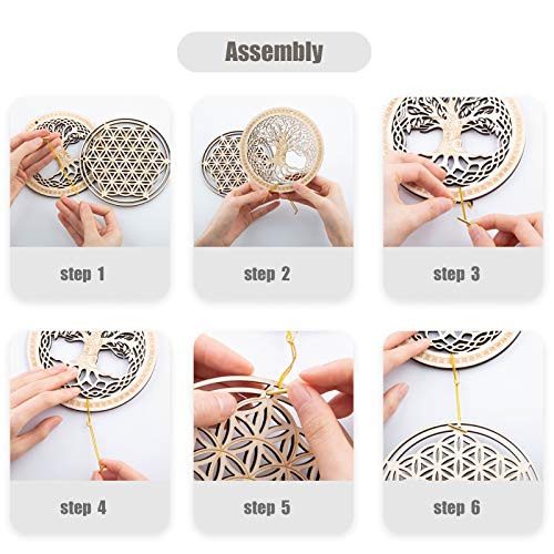 5.31" Sacred Geometry Wall Art 4 PCS Set, (Sacred Lotus, Hamsa Hand, Soul Star, Union Sun Moon) Crystal Grid Meditation Chakra Wooden Wall Art Yoga Decor Spiritual Gifts