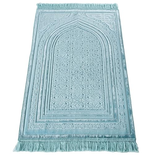 Modefa Luxury Velvet Prayer Rug with Prayer Beads | Soft Elegant Muslim Turkish Janamaz Sajada Carpet for Men and Women | Plain Solid Prayer Mat Ramadan Eid Gift - Najma (Blue) - color: Najma Turquoise Blue